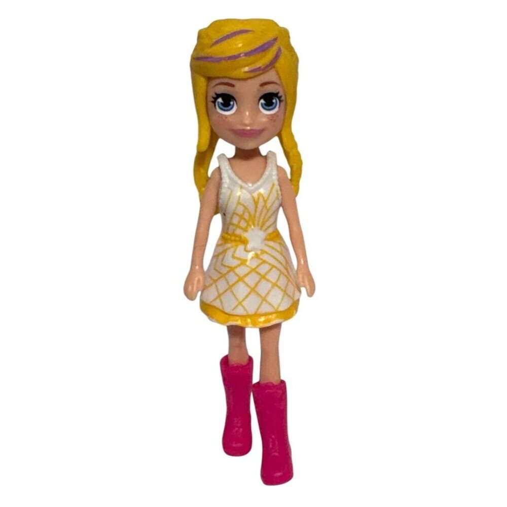 Polly Pocket Mini Doll Yellow Braided Hair White Yellow Dress Pink Boots 3.5"